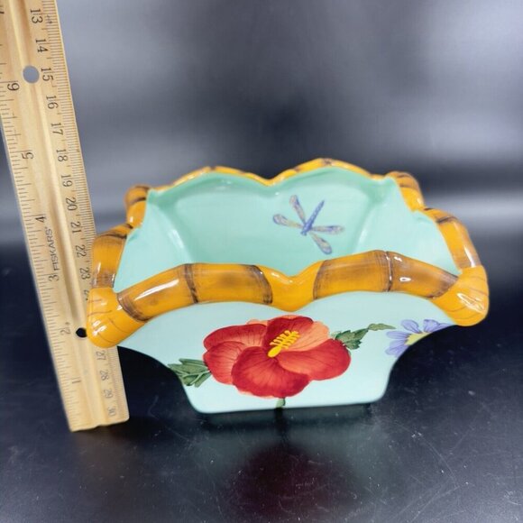 Silvestri Decoupage Peggy Turchette Blue Firefly Floral Bowl Planter Ceramic VTG - Picture 5 of 16